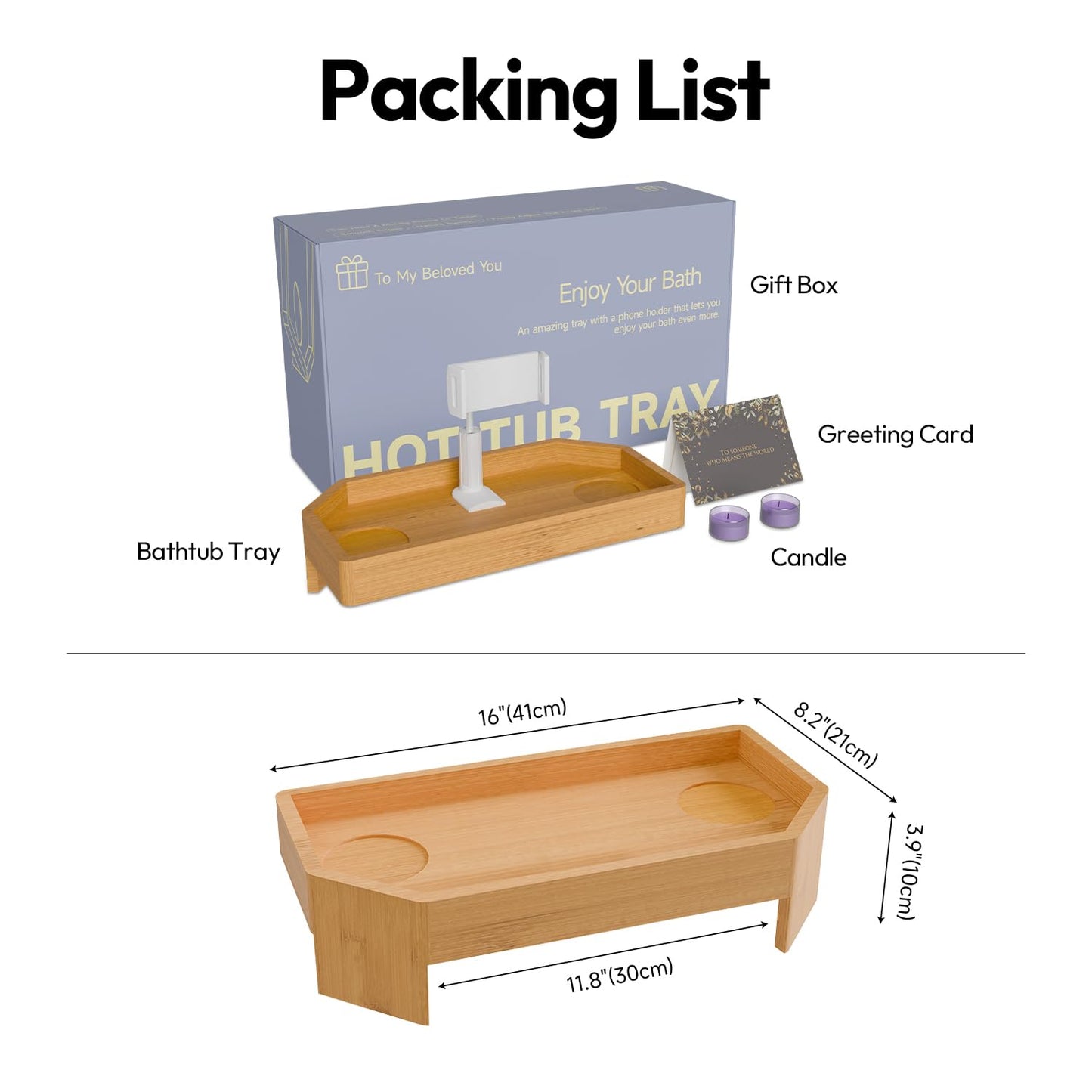 POOLCOMFT Bamboo Hot Tub Tray with Adjustable Phone Holder, Non Slip Hot Tub Table with Card & Scented Candle, Hot Tub Accessories - Unique Gift Idea for Spa Lover, Women, Parents