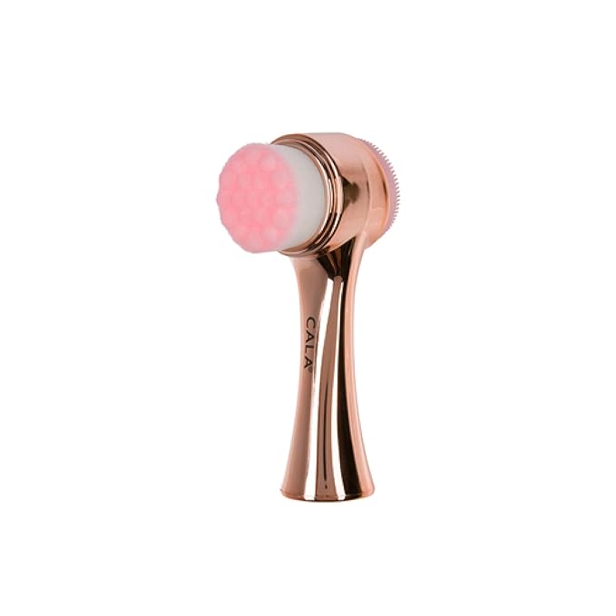 CALA Dual-Action Facial Cleansing Brush (Rose Gold & Pink), Superfine Soft Bristles Deep Clean Pores, Removes Makeup + Sunscreen, Water-Resistant for Shower Use, Daily Tool