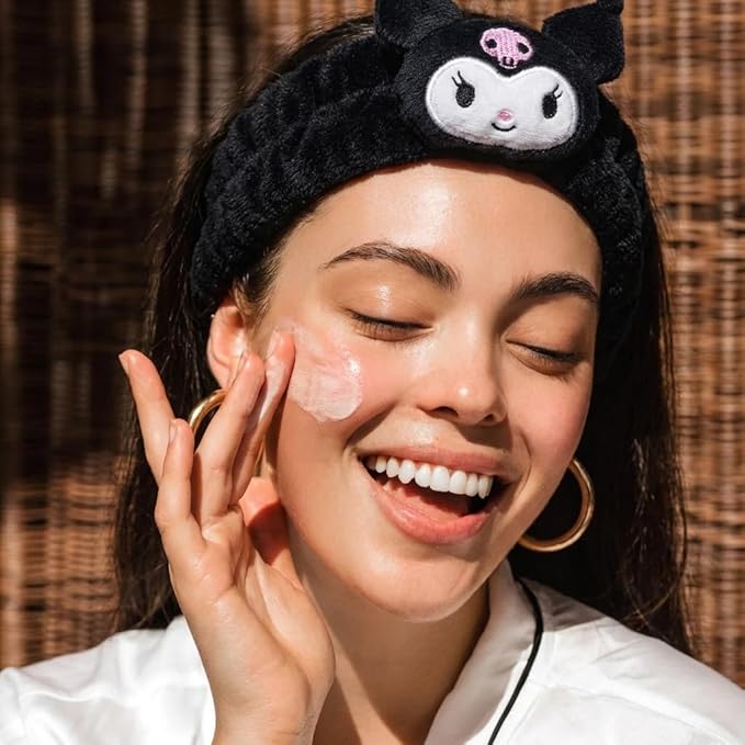 Kawaii Cartoon Headband, Cute Anime Spa Band for Women face Washing Makeup Skincare, Soft Microfiber Coral Shower Fluffy Towel Hairband for Girls (Bkuro)