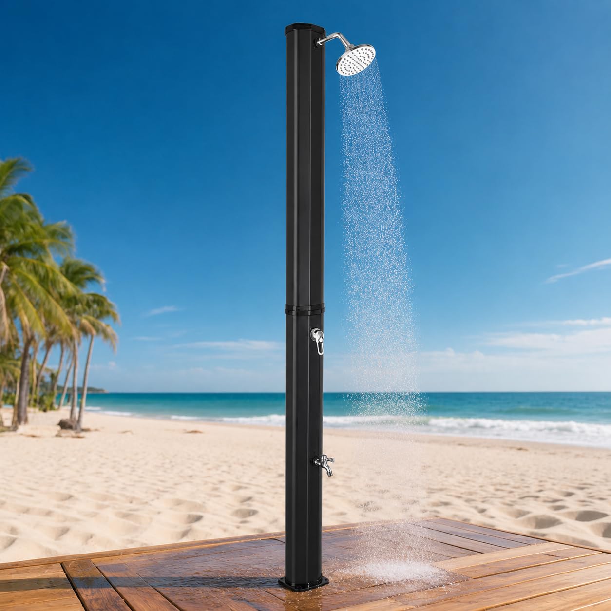 VINGLI 9.3 Gallon Solar Heated Outdoor Shower, 7.2 FT Height, Freestanding Outside Shower with 360° Swivel Shower Head & Foot Faucet, Hot & Cold Water Adjustment, Black