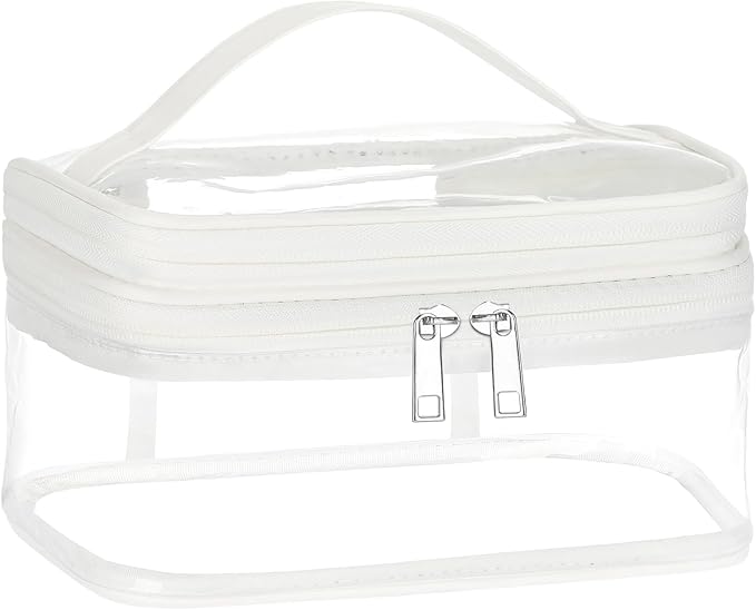 HAOGUAGUA Double Layer Clear Cosmetic Bag Makeup Bag, Waterproof Travel Toiletry Bag, Transparent PVC Pouch Organizer (White)