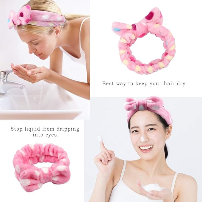 AOPRIE 5pcs Spa Headbands for Washing Face Spa Headbands for Women Soft Coral Fleece Pink Elastic Hair Bands Head Wraps for Shower with Two Beauty Brushes