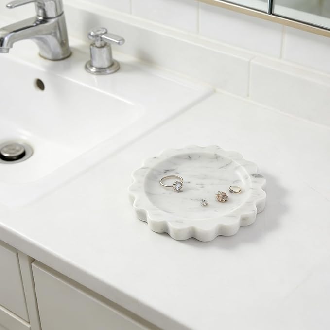 Koville 5.51" Scalloped Marble Tray, Round Stone Jewelry Trinket Dish for Ring, Natural Small Marble Tray for Bathroom Kitchen Dresser Countertop, Decorative Candle Tray(Bianco Carrara)