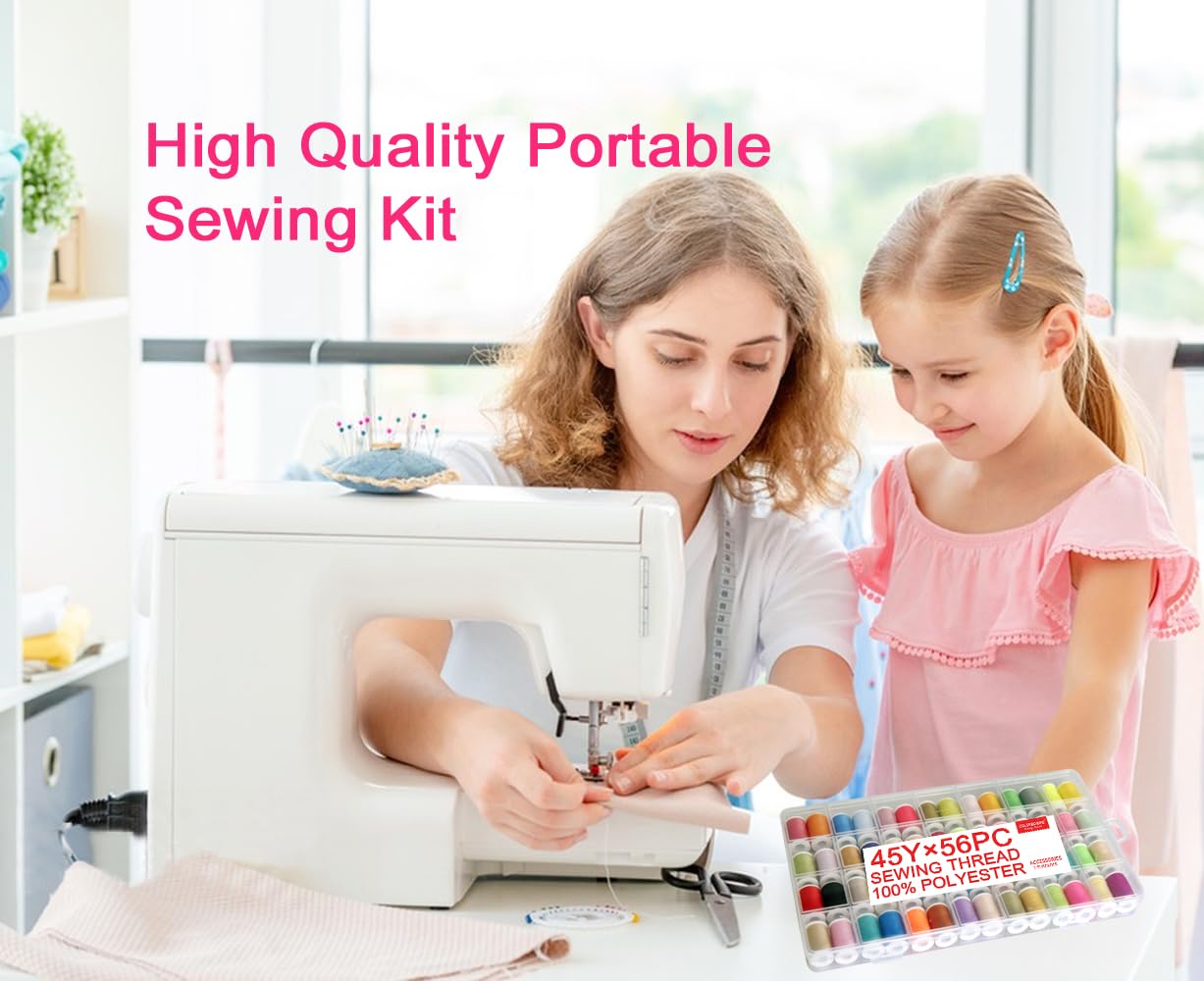 56 rainbowColor Set of Handy Polyester Sewing Threads with needls and Threader