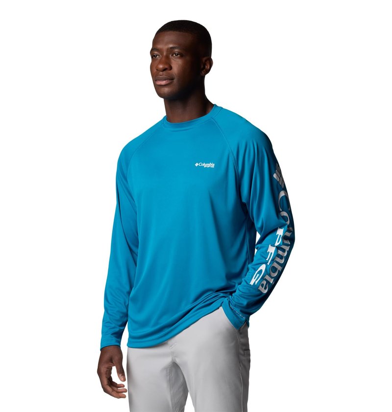 Columbia Men's PFG Terminal Tackle Long Sleeve Fishing Shirt, Blue Echo/White Logo, XX-Large
