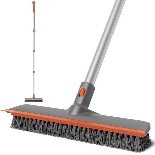 Eazer 2-in-1 Floor Scrub Brush with Long Handle, Soft/Hard Bristle Concrete Deck Brush with Squeegee, Garage Floor Cleaner for Tile/Concrete, Indoor/Outdoor Kitchen Bathroom Pool Deck -12" W/60 H