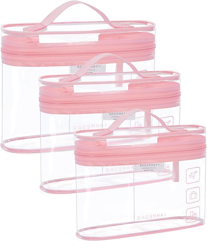 BAGSMART TSA Approved Toiletry Bag, 3 Pack Clear Makeup Cosmetic Bag Organizer, Quart Size Travel Bag for Toiletries, Carry-on Travel Accessories Essentials, Pink-3pcs