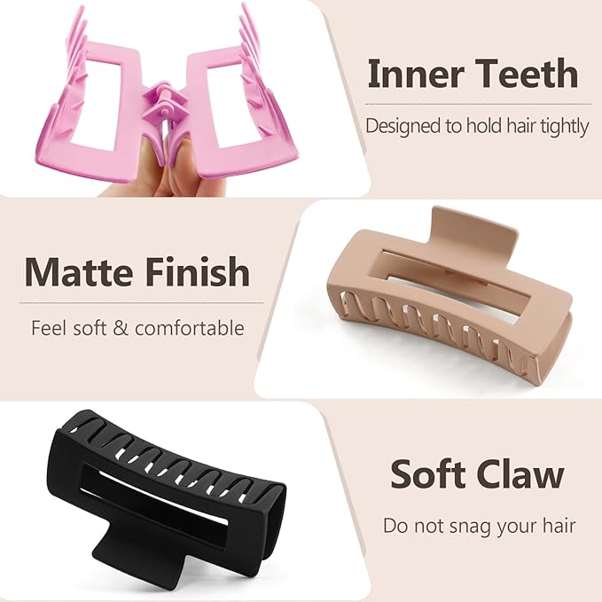 TOCESS 8 Pack Big Hair Claw Clips for Women Large Claw Clip for Thin Thick Curly Hair 90's Strong Hold 4.33 Inch Nonslip Matte Jumbo Hair Clips (8 Pcs)
