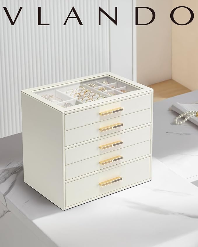 VLANDO 5 Layer Jewelry Box for Women, Glass Lid Jewelry Organizer with 5 Drawers for Necklaces Rings Earrings Bracelets - Cloud White