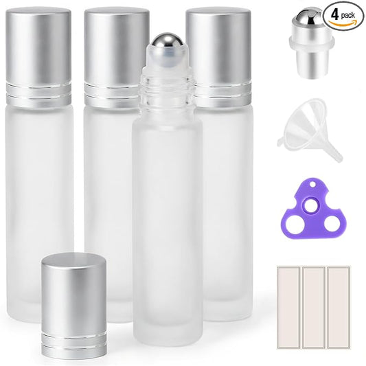 PrettyCare 4 Pack, 10 ml Essential Oil Roller Bottles with Stainless Steel Roller Ball - Refillable Leak-proof Empty Thick Frosted Glass Roll on Bottles with Silver Caps for Travel, Perfume