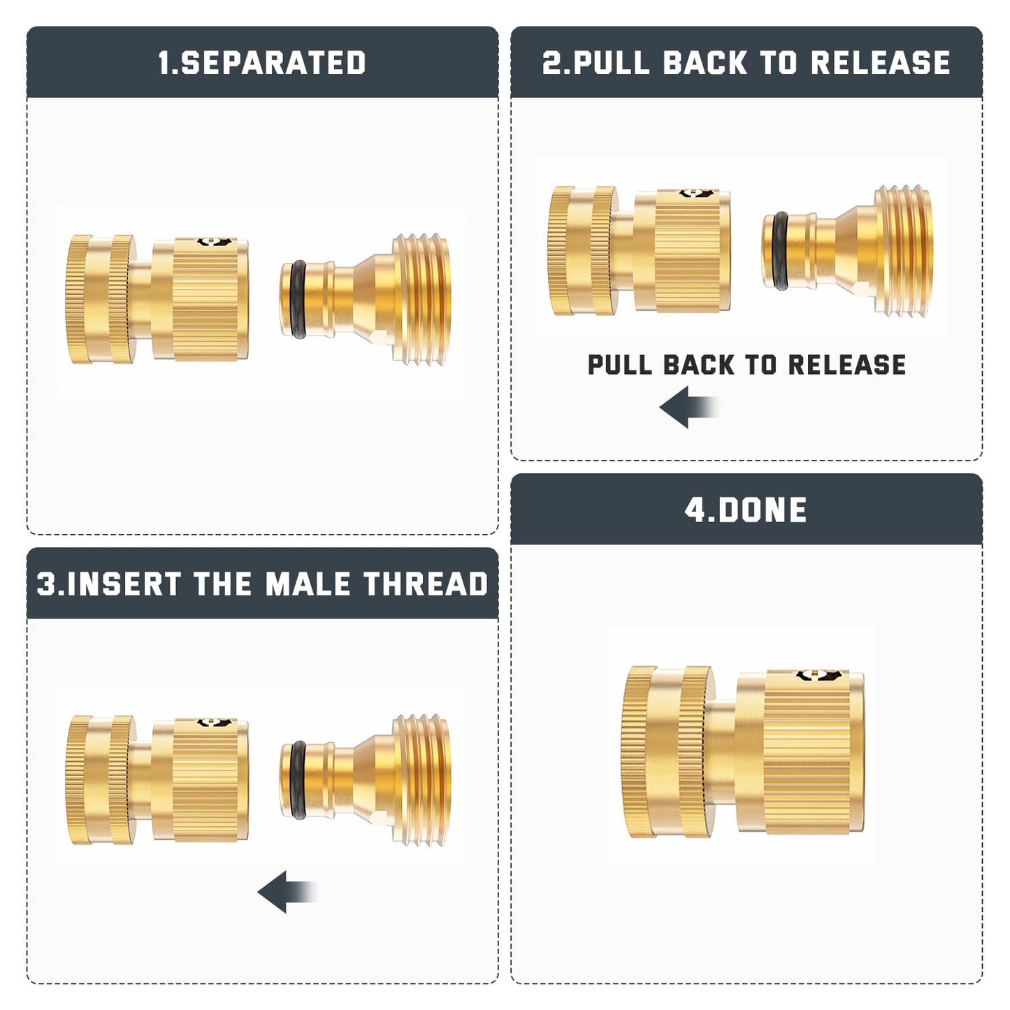 Kesfitt Garden Hose Quick Connect 3/4 Inch GHT Solid Brass Hose Connector Adapter Kit Fitting No-Leak Water Hose Female and Male Adapter (4 Sets)
