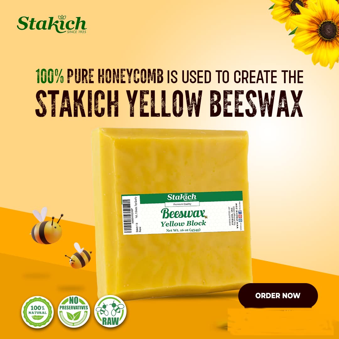 Stakich Yellow Beeswax Block - Natural, Triple Filtered, 1 lb, Honey Scent