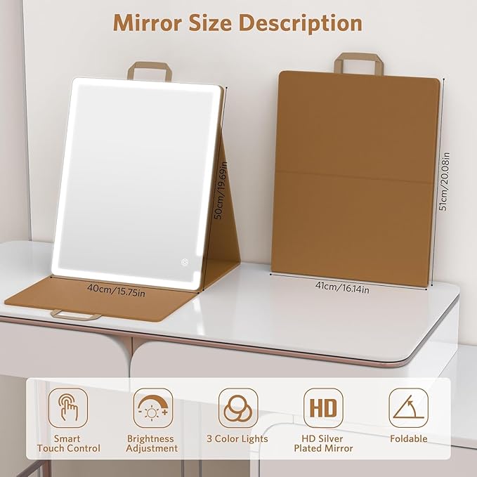 WEILY Large-Sized Makeup Mirror with 72 LED Lights, Touch Screen Three Colors Dimmable Lighted Makeup Mirror, 2000 mAh USB Rechargeable Lighted Vanity Mirror,Compact Travel Mirror (Khaki)