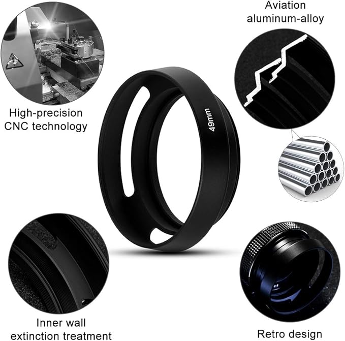 52mm Hollow Lens Hood Universal Metal Hollow Vented Tilted Curved Lens Hood Sunshade with Centre Pinch Lens Cap for Leica Canon Nikon Sony Pentax Olympus Fuji Camera + Microfiber Cleaning Cloth