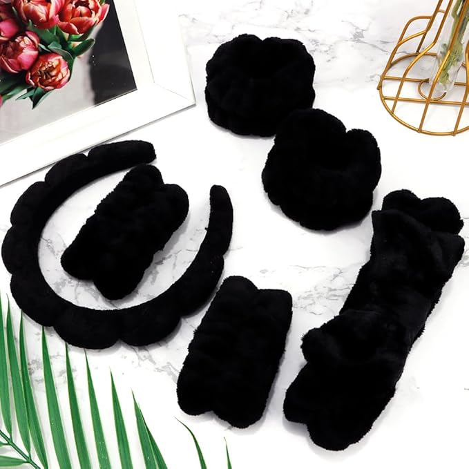 SPA Headbands for Washing Face Makeup Headbands with Bow Hair Band Women Facial Head Band Wrist Towel Wraps For Shower Face Mask Black, 6 Pack
