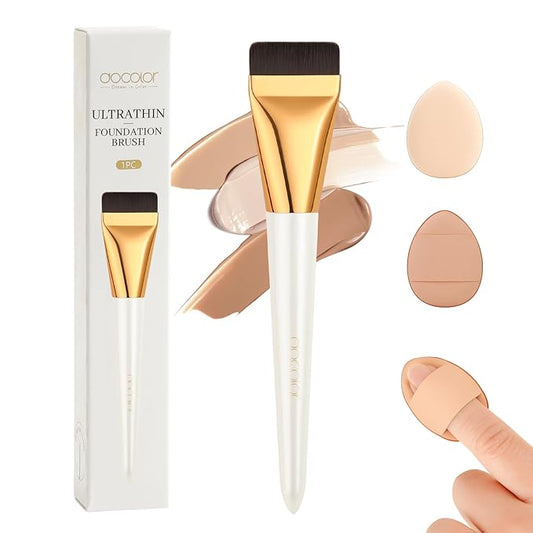 docolor Flat Foundation Brush for Liquid Makeup - 2Pcs Mini Powder Puff Set Premium Korean Makeup Brush for Blending, Cream Portable Finger Puffs Perfect for Under Eye Setting, Concealer
