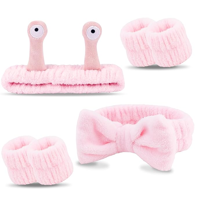 Spa Headband and Wristband Set Skincare Headband Makeup Headband Bowknot Snail Headbands Wrist Bands for Washing Face Cute Animal Face Wash Headband for Women Girls (Pink)