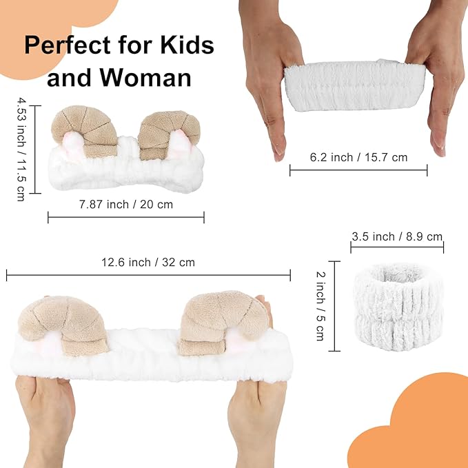 CAVETEE 3 Piece Hairband and Wristband Set for Women, White Sheep Horn Makeup Headband and Wristband for Skincare, Shower, Hair Styling, Securing Hair