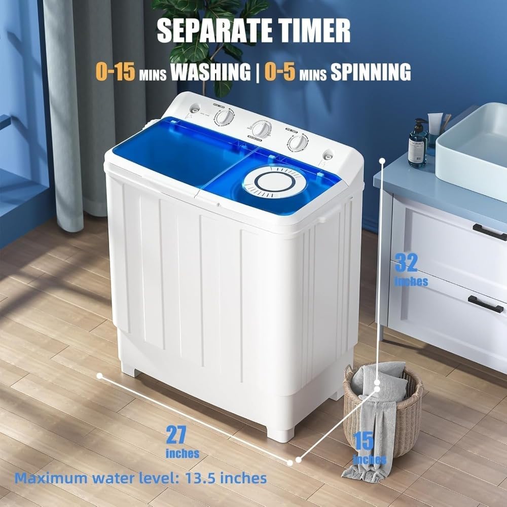 Portable Washing Machine, 28lbs Twin Tub Washer Mini Compact Laundry Machine with Drain Pump, Semi-automatic 18lbs Washer 10lbs Spinner Combo for Dorms, Apartments, RVs