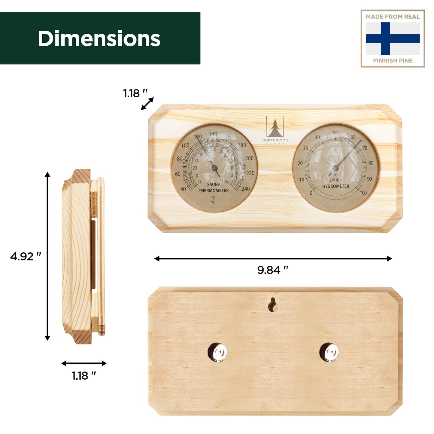Northwood Sauna - Sauna Thermometer and Hygrometer 2 in 1 - Fahrenheit & Celsius - Handmade from Finnish Pine Wood - Luxurious Golden Metal Dials
