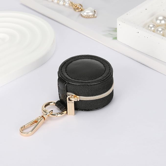 Jewelry Ring Holder Box with Keychain, Portable Gym Jewelry Storage Box Case, Small Travel Ring Earring Stud Necklace Storage Case (Black)