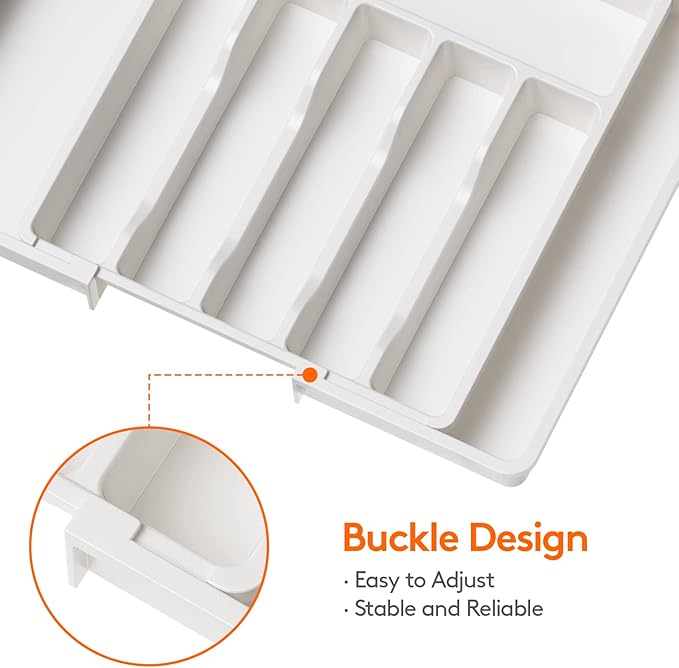 Lifewit Silverware Drawer Organizer, Expandable Utensil Tray for Kitchen, BPA Free Flatware and Cutlery Holder, Adjustable Plastic Storage for Spoons Forks Knives, 13-22 x 15", White