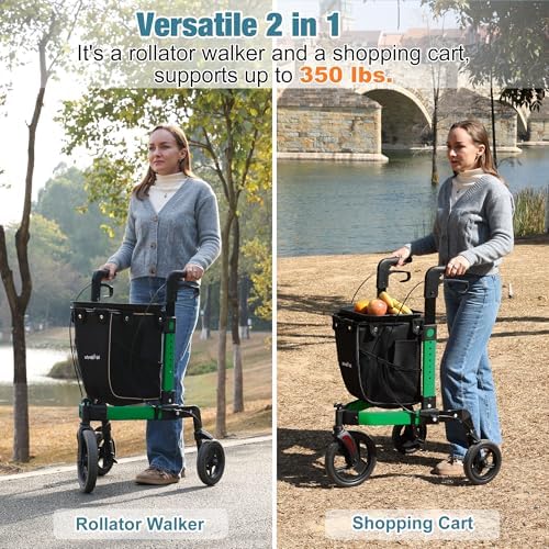 3 Wheel Rollator Walker, Walkers for Seniors, Rollator Walker Lightweight Foldable, with Tray and Large Storage Bag, 10 Inch Front Wheel for All Terrain, Green