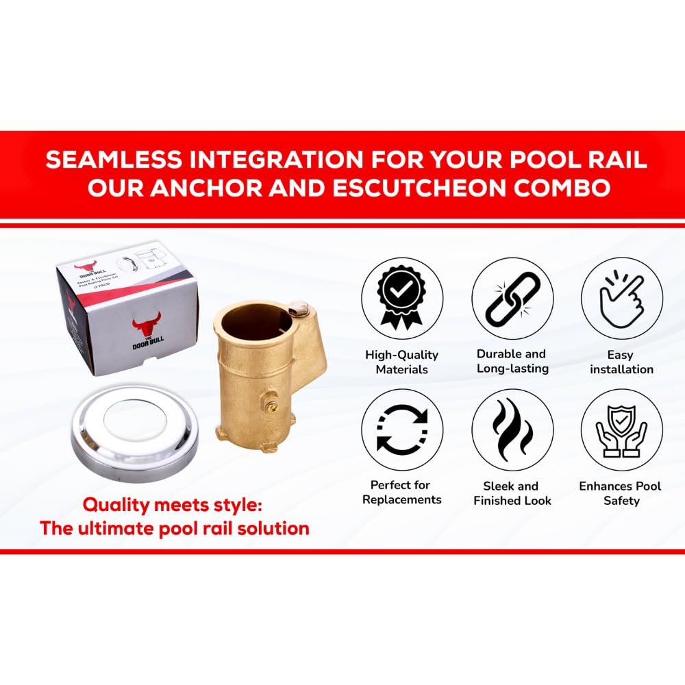 Brass Pool Rail Anchor and Escutcheon Set – 2 Pack Inground Anchors with 4" Depth – Fits 1.90" OD Tubing – Heavy-Duty Mounting Kit for Pool Handrails and Ladders - 2 Pack