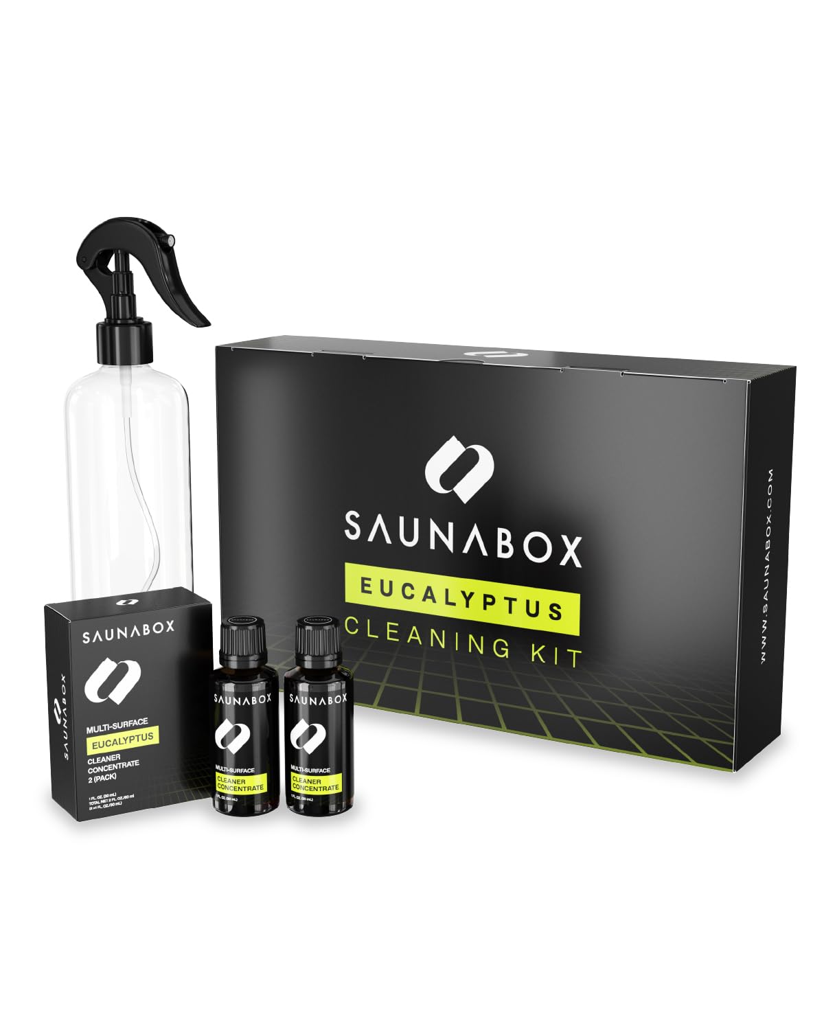 SAUNABOX All-Natural Sauna Cleaning Kit | Eco-Friendly Eucalyptus Multi-Surface Cleaner Concentrate – Chemical-Free & Biodegradable | Safe for Sauna Tents, Benches & Mats (2x1 FL.OZ./30mL)