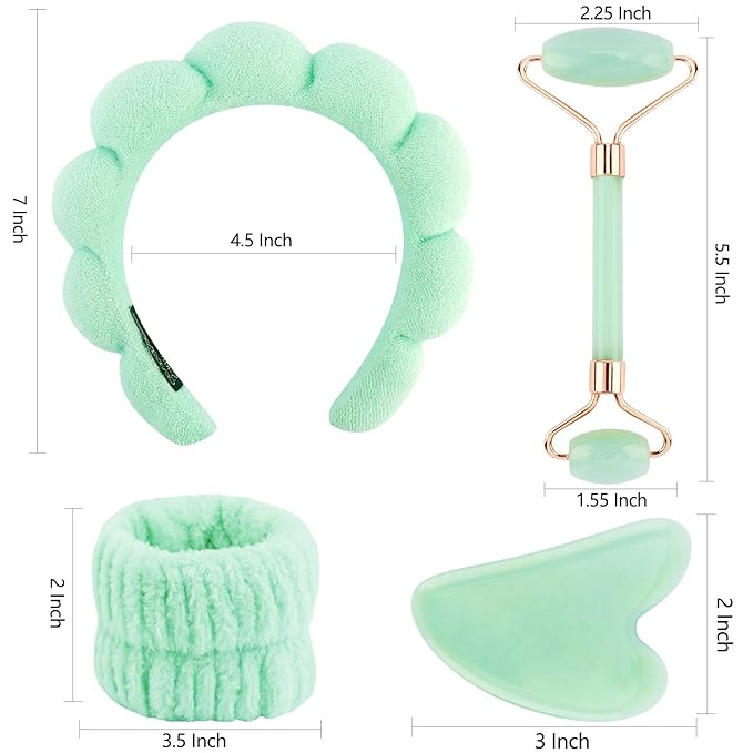 Chanaco Spa Headband and Wristbands for Women Gua Sha & Jade Roller Facial Tools Skincare Headband for Washing Face Makeup Fash Wash Hairband Teen Girl Trendy Stuff