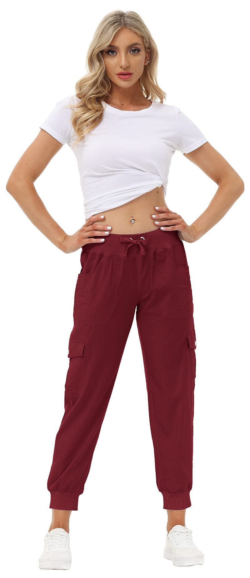 MoFiz Hiking Cargo Pants for Women with Pockets Lightweight Quick Dry Athletic Outdoor Summer Travel Casual Joggers Sweatpants Wine Red XS