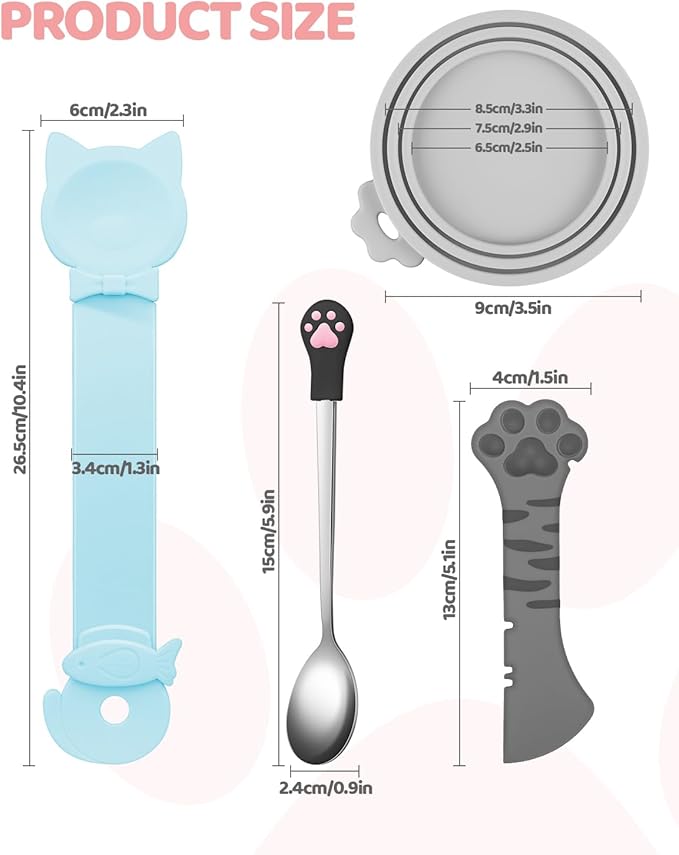 5 PCS Cat Food Can Covers Lids Set, Silicone Pet Food Can Lids with Multi-Function Cat Food Spoon and Opener, Cat Bar Squeezer, Stainless Steel Wet Food Spoon for Cats and Dogs (Grey)