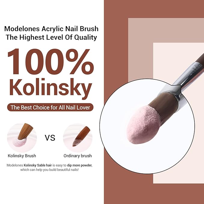 Modelones Kolinsky Acrylic Nail Brush Pure Kolinsky Hair Acrylic Red Wood Handle with Sturdy Alloy Tube Round Shaped Professional Nail Brushes Manicure Tool Salon DIY (Size 12#)