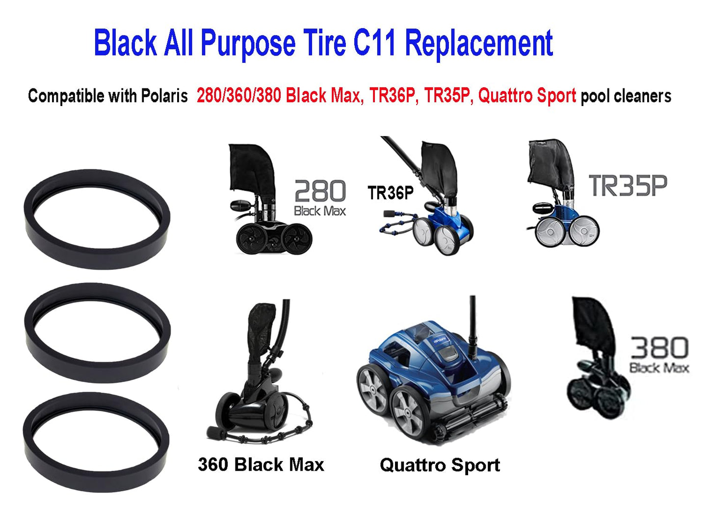 ATIE Pool Cleaner All Purpose Tire C11 For Polaris 280/380/360 Black Max, TR35P, TR36P, Quattro Sport Pool Cleaners (3 Pack)