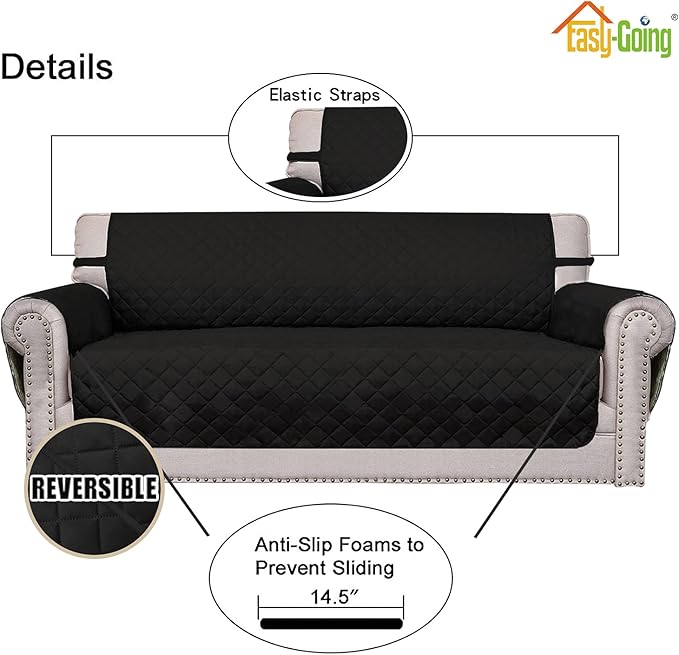Easy-Going Reversible Loveseat Couch Cover for 2 Cushion Couch Sofa Cover for Dogs Water Resistant Furniture Protector with Foam Sticks Elastic Straps for Pet (Loveseat, Black/Black)