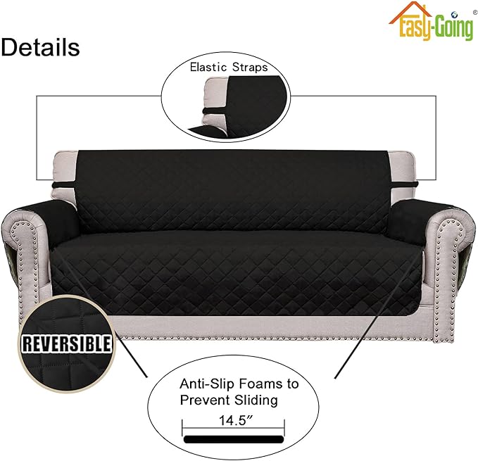 Easy-Going Reversible Oversized Couch Cover for 3 Cushion Couch Sofa Cover for Dogs Water Resistant Furniture Protector Cover with Foam Sticks for Pet Cat (Oversized Sofa, Black/Black)