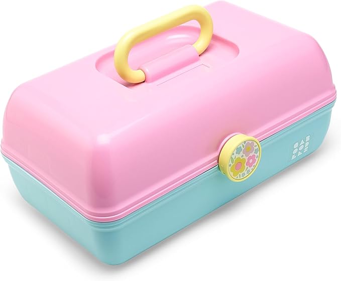 Caboodles On-The-Go Girl Makeup Box, Two-Tone Pink and Light Blue, Hard Plastic Makeup Organizer Box, Built-In Mirror, Secure Latch for Safe Travel, Spacious Storage for Large Items
