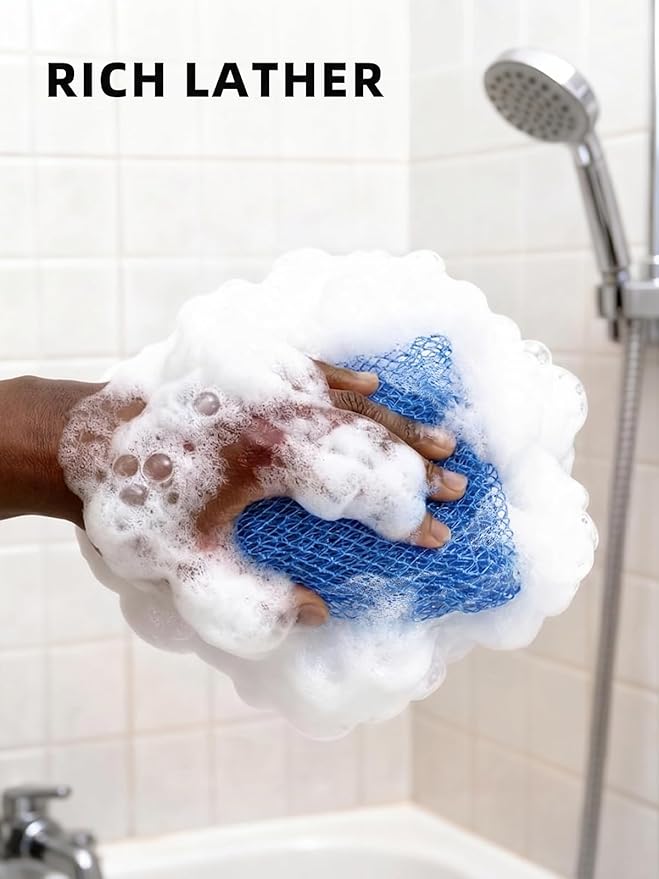 Cleangor 2Pcs African Net Sponge Authentic with Knots - Exfoliating Body Scrubber for All Skin Types, African Bath Sponge, Wash Cloth, Gentle Exfoliation Shower Rag for Women Daily Use (Blue & Purple)