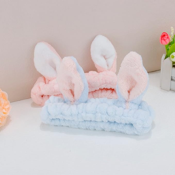 YISSION Cute Bunny Ear Spa Headband for Women and Girls - Soft Plush Makeup Headband for Face Washing, Skincare, Shower, Easter Party Favors (2 Pack, Pink & Blue)