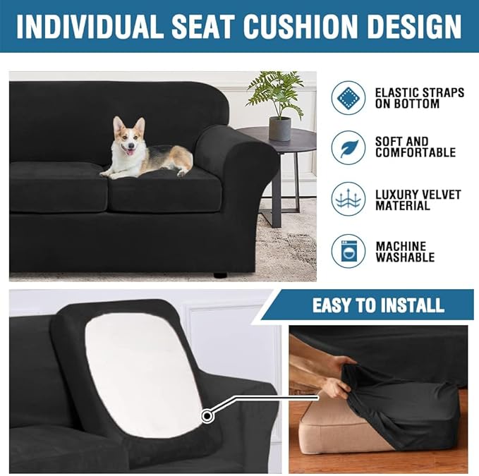 H.VERSAILTEX Velvet 4 Piece High Stretch Sofa Slipcover Cover Furniture Protector Form Fit Thick Velvet Extra Large Sofa Cover for 3 Cushion Couch Width Up to 105 Inch(XL Sofa, Jet Black)