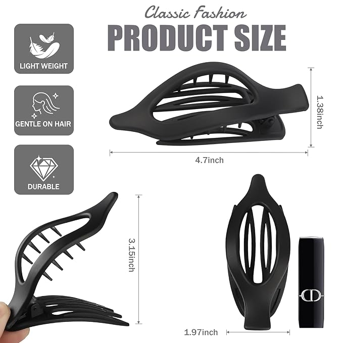 Flat Hair Clip 6 pcs Lay Down Claw Clips Hair Accessories for Women (Black)