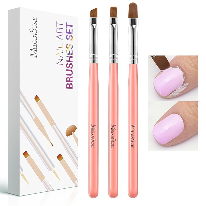 MelodySusie 3Pcs Nail Art Clean Up Brushes,Flat/Oval/Angled Gel Nail Brushes,For Nail Art Design Painting DIY and Cleaning Polish Mistake on the Cuticles Or Gel Application