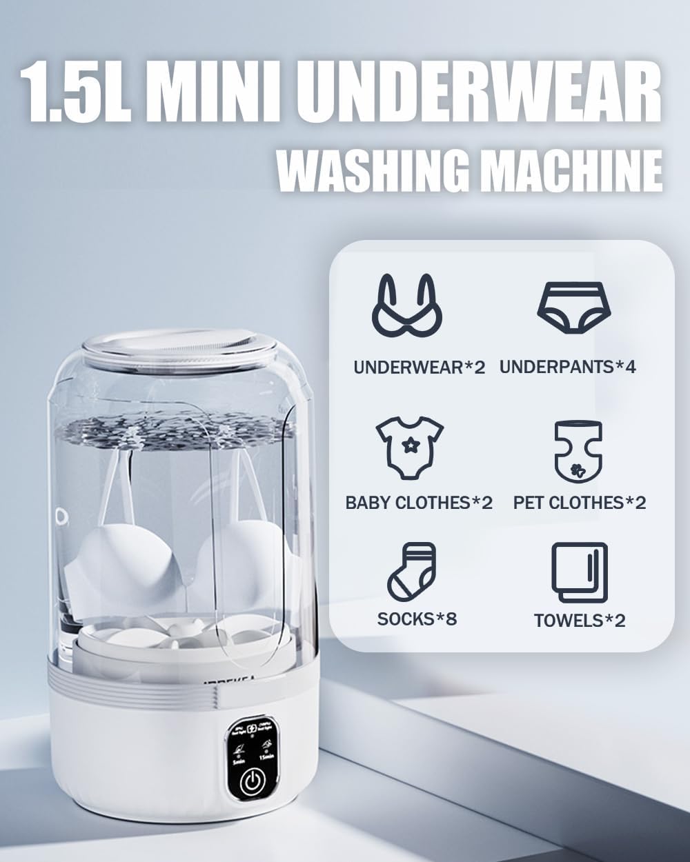 Portable Mini Washing Machine for Underwear, Compact Underwear Washing Machine– 3000mAh Rechargeable Mini Washer for Travel, Dorm, RV & Home Use (1.5L)