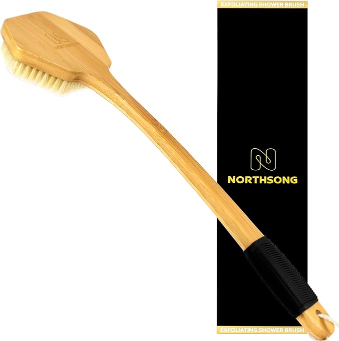 NORTHSONG Large Head Bath Brush, 17.72" Extra-Long Curved Bamboo Handle & Boar Bristles, Back Scrubber for Exfoliating - Ideal for Elderly, Shoulder Pain, Gift Ready