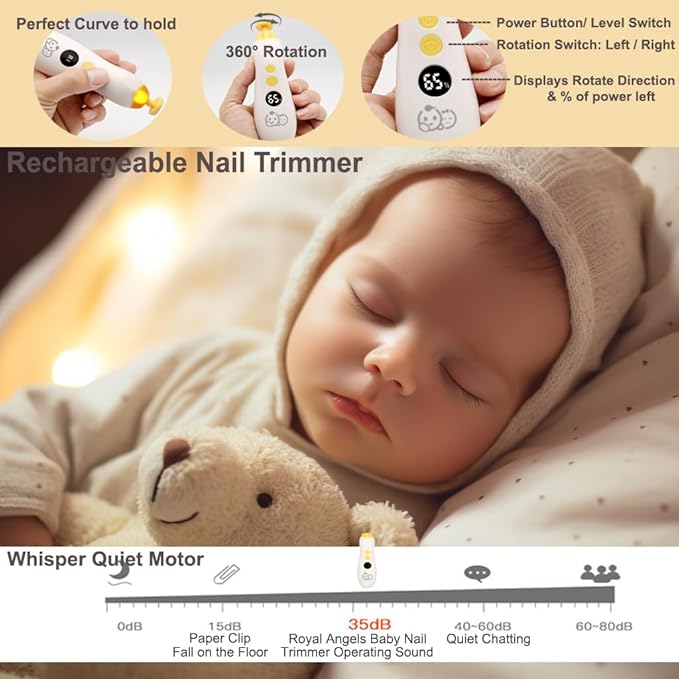 Royal Angels Rechargeable 22 in 1 Baby Nail Trimmer with LCD Display, Labeled Case, 13 Extra Pads, Safe Quiet LED Light Electric Baby Nail File Kit for Newborns Toddlers (Mango)