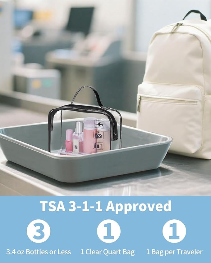 WANDF TSA Approved Toiletry Bag, 2 Packs Travel Clear Toiletry Bag, Quart Size Makeup Cosmetic Pouch with Zipper, Carry-On Airport Compliant Bag for Women and Men (2 pcs, Black with Handle)