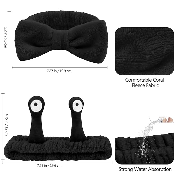 Spa Headband and Wristband Set Skincare Headband Makeup Headband Bowknot Snail Headbands Wrist Bands for Washing Face Cute Animal Face Wash Headband for Women Girls (Black)