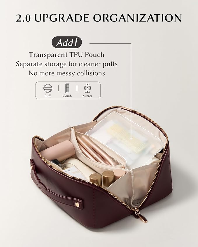 EACHY Travel Makeup Bag, Large Capacity Cosmetic Bag for Women, Waterproof PU Leather, Flat Open Portable Toiletry Bag for Skincare, Brushes & Travel Essentials
