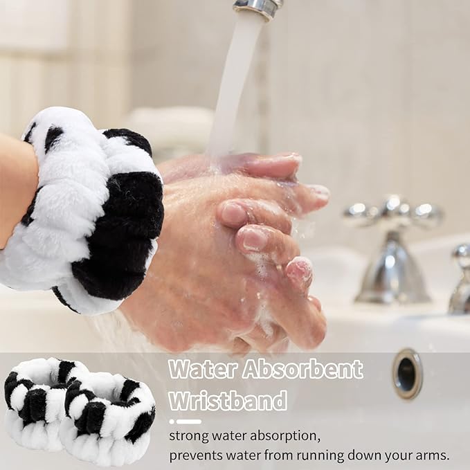WHAVEL 3PCS Cute Spa Headband Cow Ears Headband with Face Wash Wristband Set and Wrist Bands