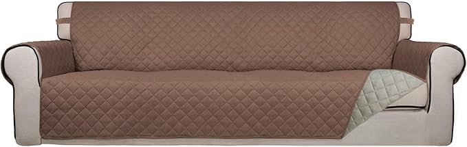 PureFit Reversible Quilted Sofa Cover, Water Resistant Slipcover Furniture Protector, Washable Couch Cover with Non Slip and Elastic Straps for Kids, Dogs, Pets (XX Large, Brown/Beige)
